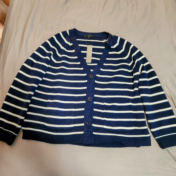 J.Crew Navy Stripe V-neck Cardigan Sweater ASO Meghan Markle - Picture 4 of 6